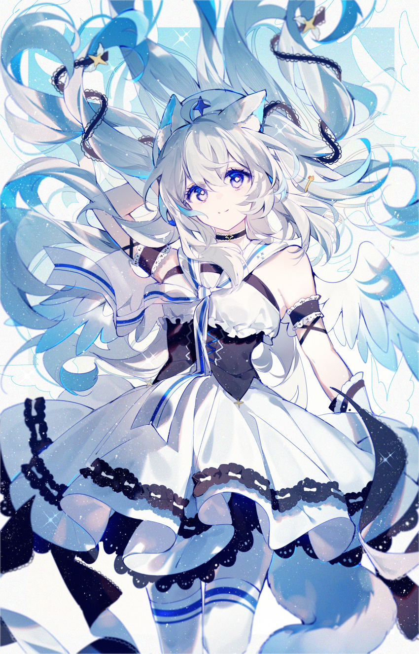 1girl absurdres ahoge animal_ear_fluff animal_ears arm_behind_head bare_shoulders character_request choker commission feathered_wings floating_hair highres indie_virtual_youtuber neckerchief pixiv_commission qianqianjie smile solo striped_neckerchief tail thigh-highs violet_eyes virtual_youtuber white_hair white_neckerchief white_wings wings