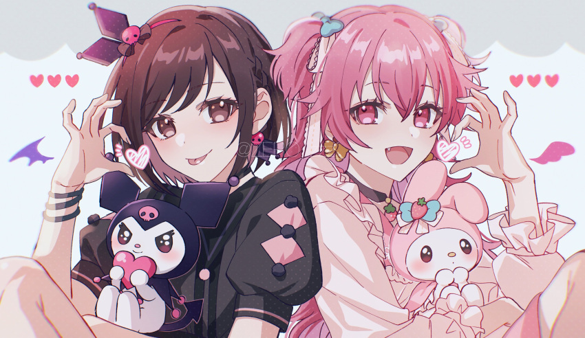 2girls :p animal_ears black_choker black_dress bow brown_eyes brown_hair choker closed_mouth demon_tail dress earrings food frilled_sleeves frills fruit go_(roku) hair_bow hair_ribbon headband heart heart_hands highres holding jewelry kuromi long_hair long_sleeves looking_at_viewer momoi_airi multiple_girls my_melody open_mouth pink_eyes pink_hair pink_headband pink_shirt project_sekai rabbit_ears ribbon ribbon_earrings sanrio shinonome_ena shirt short_hair short_sleeves simple_background skull_earrings smile strawberry tail tongue tongue_out two-tone_bow two_side_up