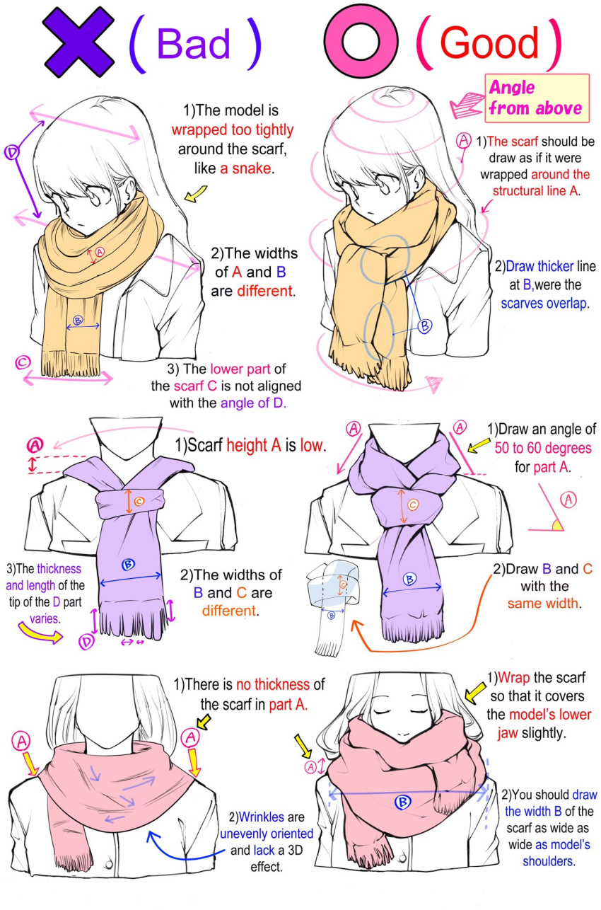 1girl commentary english_commentary english_text guide highres how_to medium_hair multiple_views original purple_scarf red_scarf scarf simple_background white_background yellow_scarf yoshimura_takuya