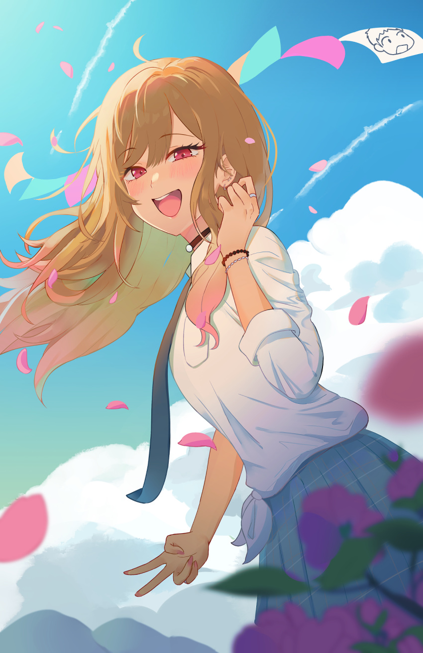 1girl :d ahoge bead_bracelet beads black_choker blonde_hair blue_necktie blue_sky blurry blurry_foreground blush bracelet choker clouds cloudy_sky collared_shirt commentary day ear_piercing eyelashes falling_petals floating_hair flower from_side gojou_wakana hand_up highres jewelry kitagawa_marin leaning_forward long_hair long_sleeves looking_at_viewer necktie open_mouth oppaniichan outdoors parted_bangs petals piercing pink_nails plaid plaid_skirt pleated_skirt purple_flower red_eyes ring romaji_commentary school_uniform shirt skirt sky sleeves_rolled_up smile solo sono_bisque_doll_wa_koi_wo_suru swept_bangs teeth tied_shirt upper_teeth_only white_shirt