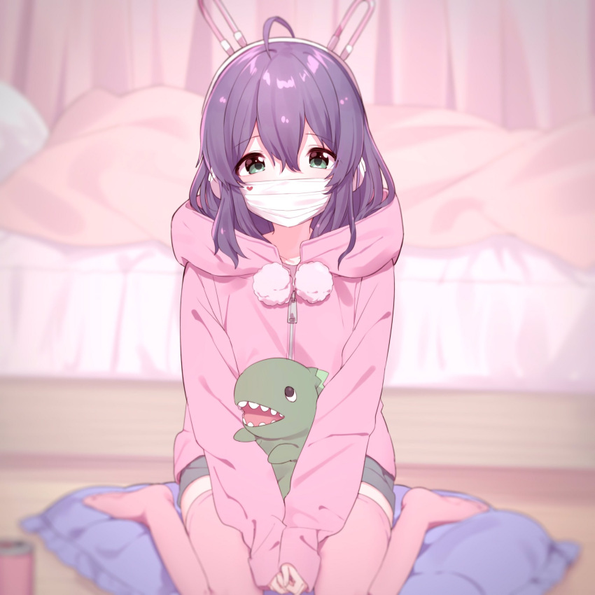 1girl ahoge animal_ears bed bed_sheet blurry blush breasts can cushion depth_of_field fake_animal_ears green_eyes grey_skirt hair_between_eyes headset highres hood hood_down hoodie idolmaster idolmaster_million_live! idolmaster_million_live!_theater_days indoors long_hair long_sleeves looking_at_viewer mask mochizuki_anna mouth_mask norada pillow pink_curtains pink_hoodie pink_thighhighs pom_pom_(clothes) purple_hair rabbit_ears sitting skirt sleeves_past_wrists small_breasts solo stuffed_toy surgical_mask thigh-highs wariza zipper zipper_pull_tab