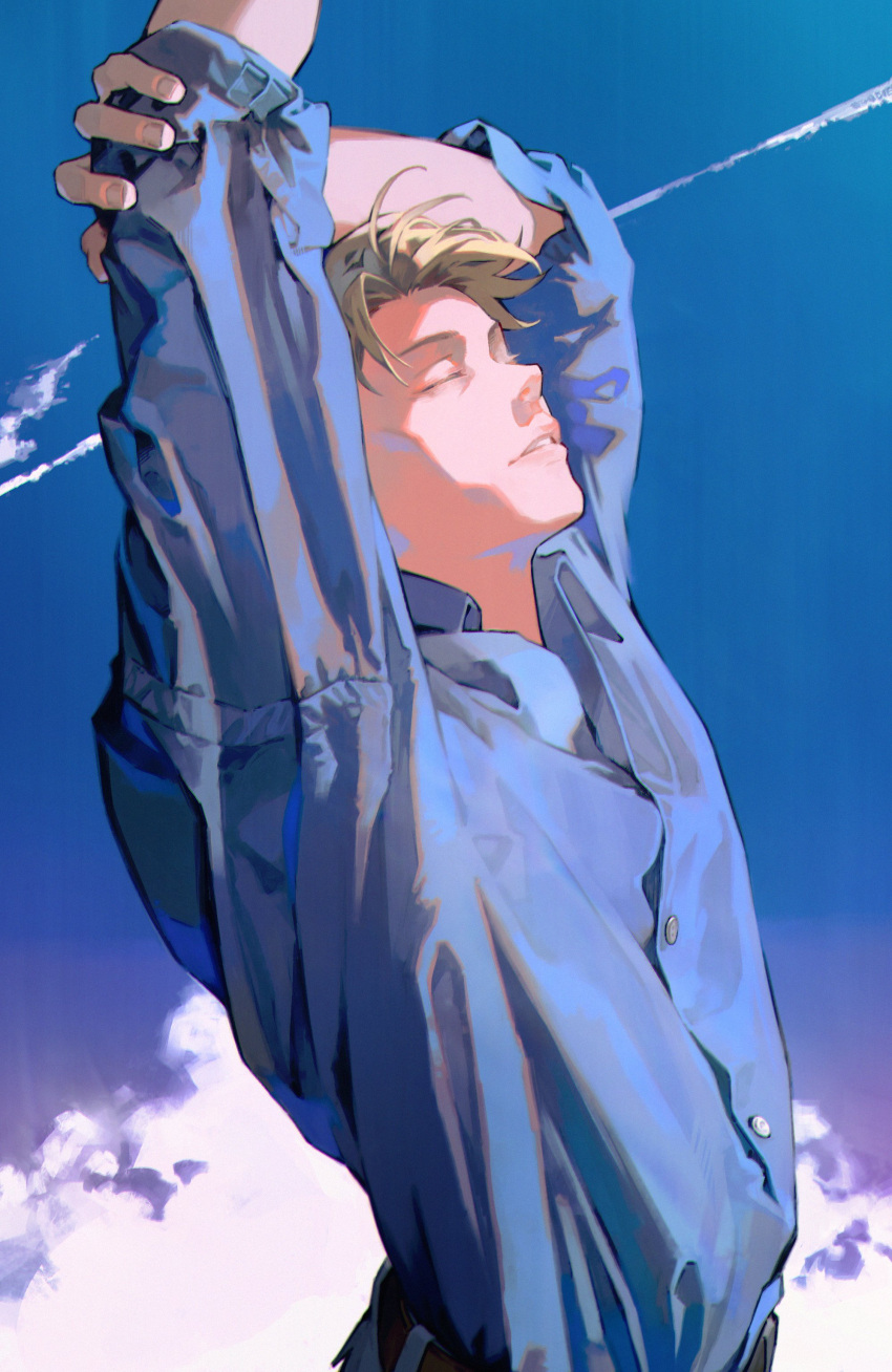 1boy absurdres arms_up blonde_hair blue_sky closed_eyes clouds cloudy_sky collared_shirt highres jujutsu_kaisen kyuuba_melo long_sleeves male_focus mature_male nanami_kento relaxing shirt short_hair sky solo stretching upper_body