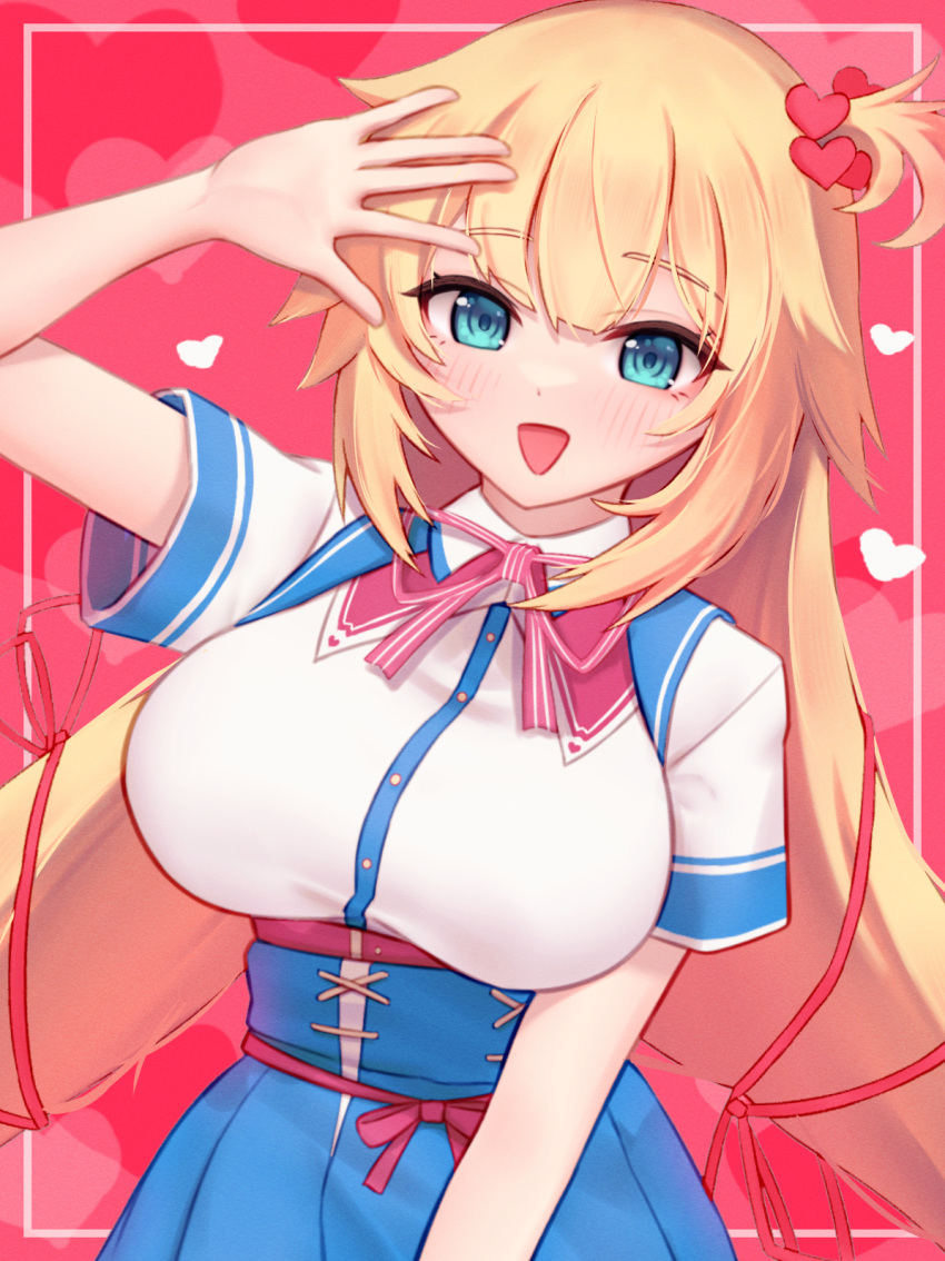 1girl akai_haato akai_haato_(1st_costume) arm_up blonde_hair blue_eyes blue_skirt blush collared_shirt hair_ornament hair_ribbon heart heart_background heart_hair_ornament high-waist_skirt highres hololive low_twintails nokonata one_side_up open_mouth red_background red_ribbon ribbon shirt skirt smile solo twintails virtual_youtuber white_shirt