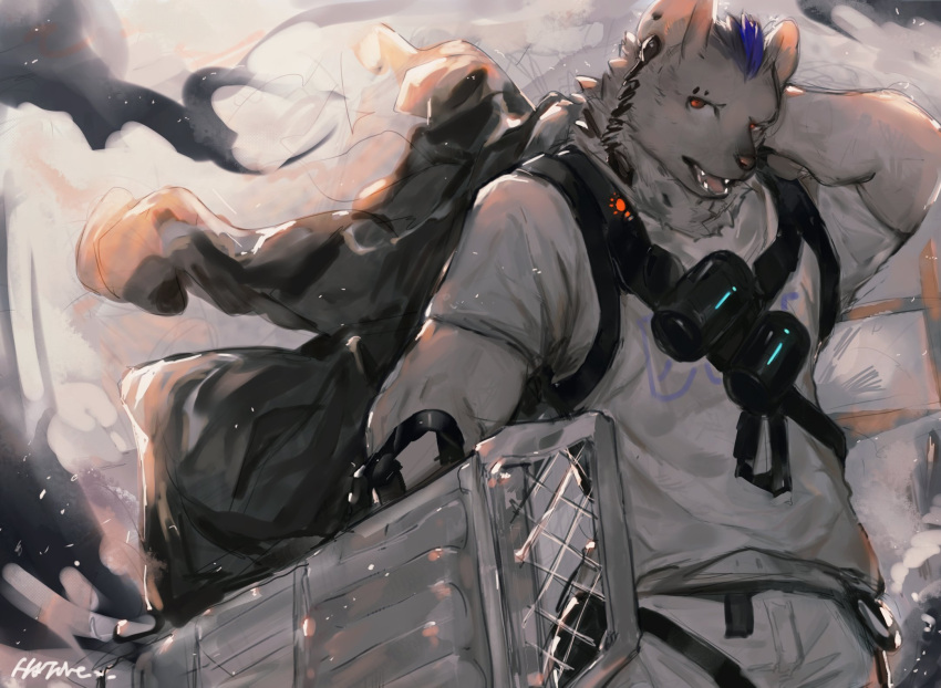 1boy arknights arm_behind_head black_jacket chest_harness chinese_commentary eyebrow_piercing fangs furry furry_male harness highres holding holding_clothes holding_jacket holding_shield hyena_boy hyena_ears jacket male_focus mohawk multicolored_hair open_mouth p7ywirzyw8lesuc pants piercing shield shirt signature spot_(arknights) streaked_hair white_pants white_shirt