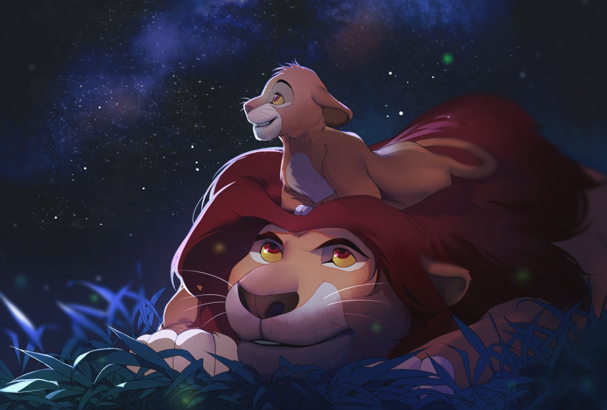 animal_focus blurry colored_sclera depth_of_field disney english_commentary father_and_son grass grin highres lion looking_at_another looking_up mufasa night night_sky no_humans outdoors red_eyes simba sky smile star_(sky) the_lion_king tobu_0w0 whiskers yellow_sclera
