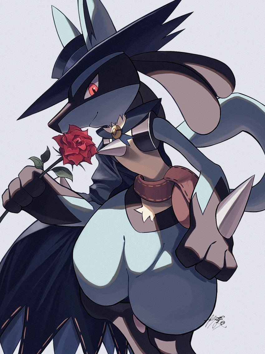 black_cape black_headwear brown_bag cape closed_mouth commentary_request flower grey_background hat highres holding holding_flower kuchiba_(jret2454) looking_down lucario pink_eyes pokemon pokemon_(creature) red_flower rose signature smile solo
