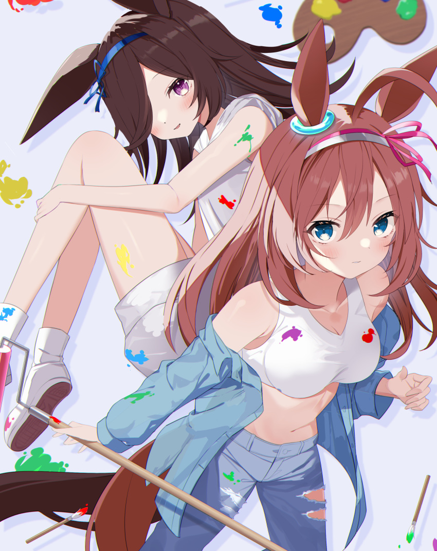 2girls absurdres agaki_anko ahoge animal_ears black_hair blue_eyes blue_pants blue_ribbon blue_shirt brown_hair calligraphy_brush closed_mouth collared_shirt commentary denim ear_ornament floating_hair grey_hairband hair_over_shoulder hair_ribbon hairband highres holding horse_ears horse_girl jeans long_hair long_sleeves looking_at_viewer mihono_bourbon_(umamusume) multiple_girls navel off_shoulder open_clothes open_shirt paint_on_body paint_on_clothes paint_roller paintbrush pants parted_lips pink_ribbon ribbon rice_shower_(umamusume) shirt shoes shorts sleeveless sleeveless_shirt sleeves_rolled_up smile sneakers socks sports_bra standing symbol-only_commentary torn_clothes torn_jeans torn_pants umamusume violet_eyes white_footwear white_shirt white_shorts white_socks white_sports_bra