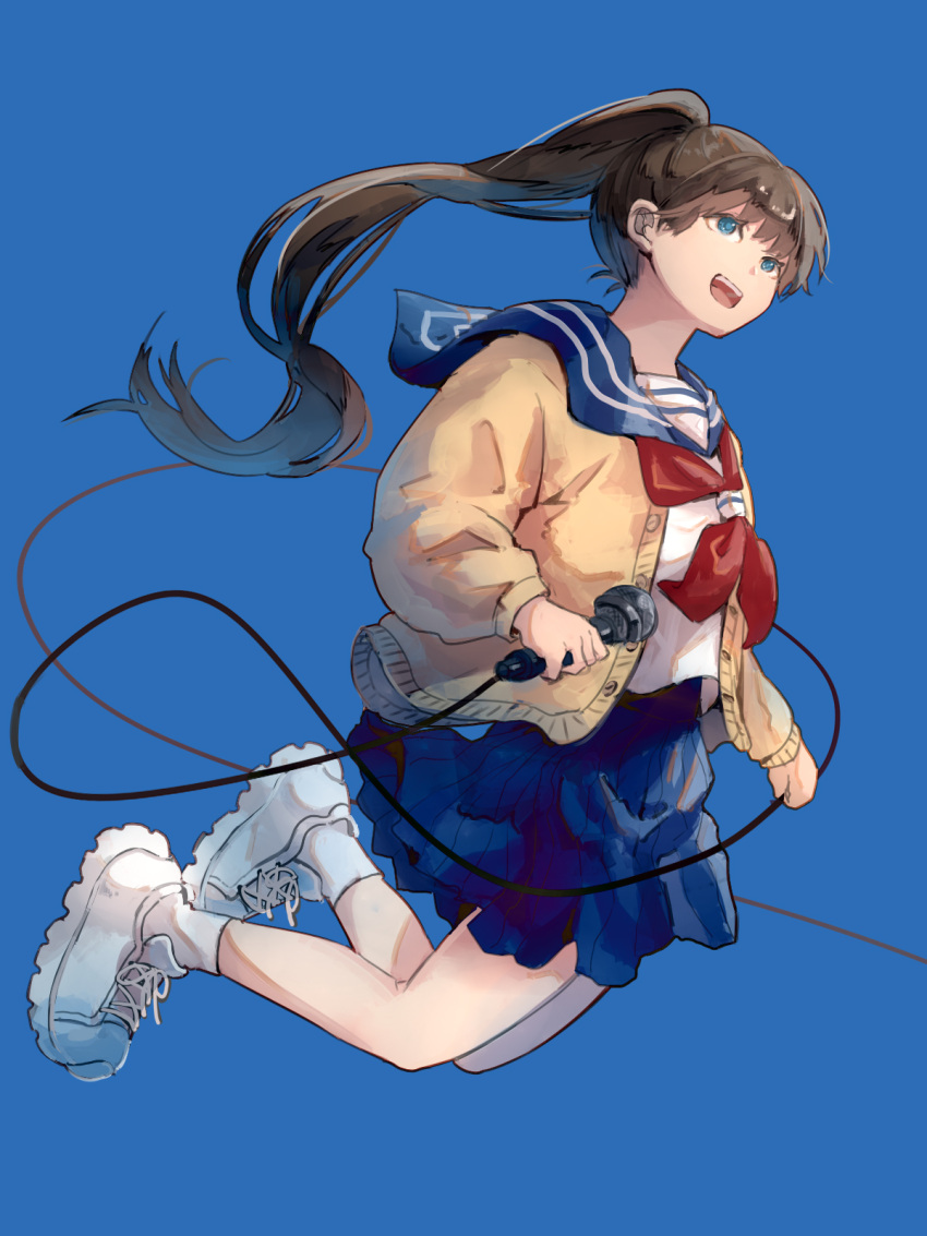 1girl 23el blue_background blue_eyes blue_sailor_collar blue_skirt brown_hair cardigan full_body highres holding holding_microphone long_hair microphone neckerchief open_mouth original ponytail red_neckerchief sailor_collar school_uniform serafuku skirt solo white_footwear yellow_cardigan