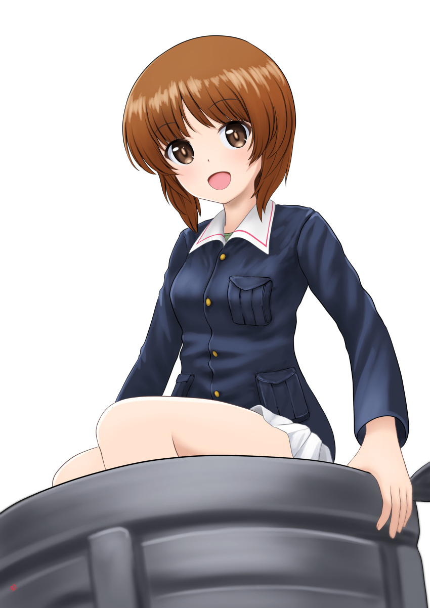 1girl absurdres blue_jacket brown_eyes brown_hair commentary girls_und_panzer highres jacket long_sleeves looking_at_viewer military_uniform miniskirt nao_suke nishizumi_miho ooarai_military_uniform open_mouth pleated_skirt short_hair simple_background sitting skirt smile solo tank_cupola uniform white_background white_skirt