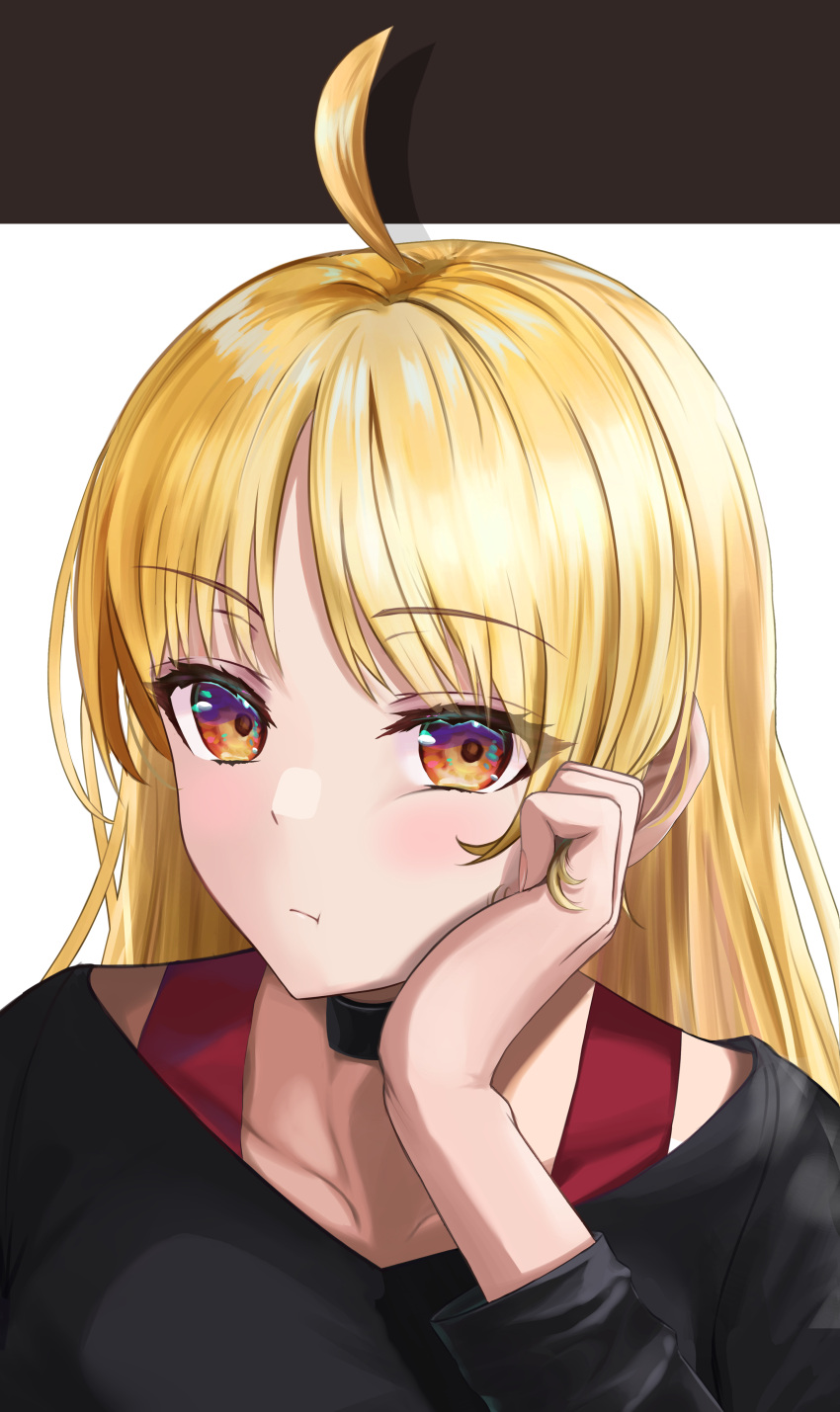 1girl :t absurdres ahoge black_shirt blonde_hair bocchi_the_rock! brown_eyes closed_mouth collarbone commentary_request head_rest highres ijichi_nijika long_hair long_sleeves otabaaa portrait shadow shirt solo straight_hair