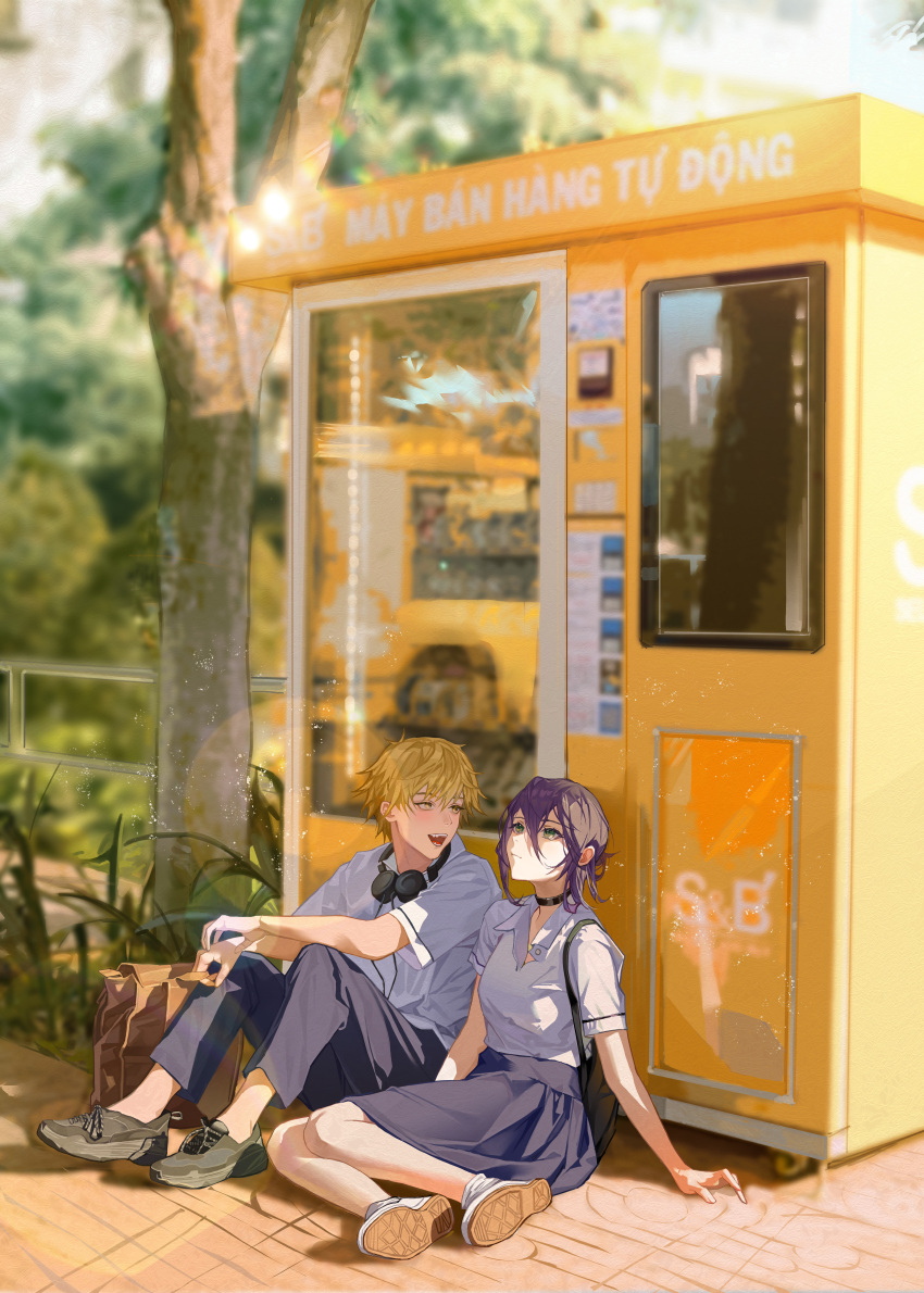 1boy 1girl absurdres backpack bag bare_legs black_bag blonde_hair blue_pants blue_skirt blurry blurry_background brown_bag building bus chainsaw_man chinese_commentary collared_shirt commentary denji_(chainsaw_man) grass green_eyes grey_footwear hair_between_eyes headphones headphones_around_neck highres jidian967 leaf lens_flare light_blush light_particles long_bangs looking_at_another looking_up medium_skirt motor_vehicle open_mouth outdoors pants pavement photo-referenced purple_hair reflection reze_(chainsaw_man) road school_bag school_uniform sharp_teeth shirt short_sleeves sitting skirt smile street tall_grass teeth tree uniform updo vending_machine white_footwear white_shirt yellow_eyes yokozuwari