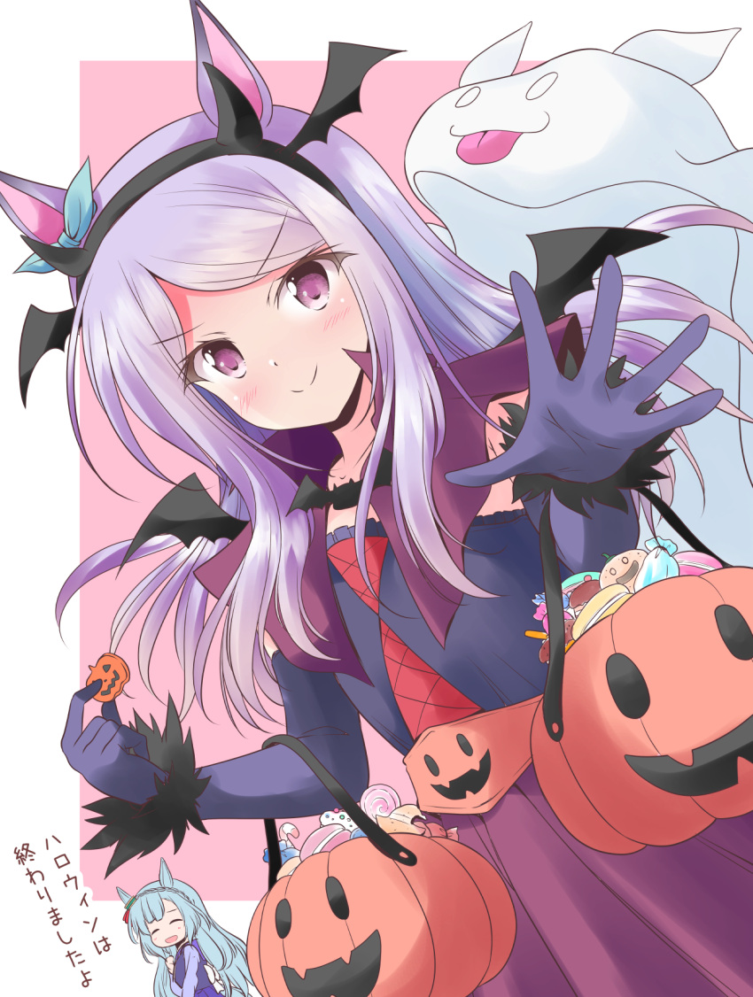 2girls animal_ears blush candy closed_eyes closed_mouth collarbone commentary_request detached_sleeves food ghost hair_ornament halloween_costume headband highres horse_ears horse_girl horse_tail jack-o'-lantern mejiro_ardan_(umamusume) mejiro_mcqueen_(umamusume) multiple_girls open_mouth shizuna_kaede simple_background smile tail translation_request umamusume white_background