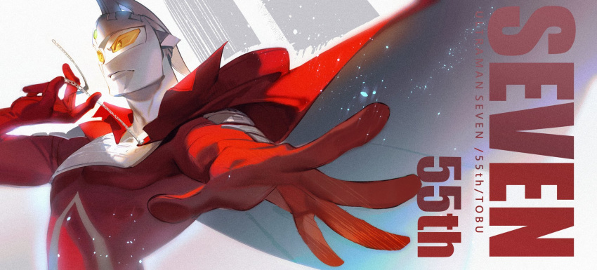 1boy anniversary bodysuit cape chain character_name closed_mouth facing_away foreshortening helmet highres male_focus outstretched_arm red_bodysuit red_cape solo tobu_0w0 ultra_series ultra_seven ultra_seven_(series) upper_body white_background