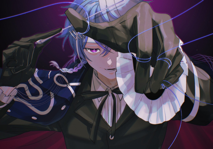 1boy black_gloves black_jacket black_ribbon blue_hair blue_jacket braid collared_shirt frilled_sleeves frills gloves hair_between_eyes hair_ornament highres holding holding_baton holding_string holostars holostars_english jacket long_sleeves looking_at_viewer lower_teeth_only momiage_40 multicolored_hair neck_ribbon octavio one_eye_covered open_mouth pink_eyes puppet_strings ribbon shirt short_hair smile solo streaked_hair string teeth virtual_youtuber white_hair white_shirt
