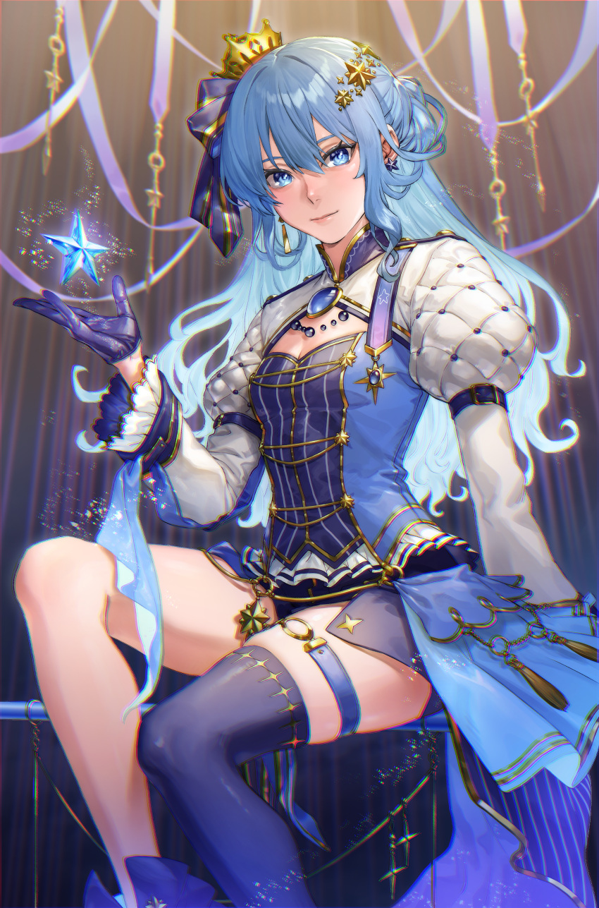 absurdres boots cake crown food gloves hair_ornament highres hololive hoshimachi_suisei hoshimachi_suisei_(stellar_into_the_galaxy) idol_clothes looking_at_viewer mini_crown o-ring o-ring_thigh_strap official_alternate_hair_length official_alternate_hairstyle quilted_clothes single_glove single_thigh_boot star_(symbol) star_hair_ornament star_in_eye strawberry_cake symbol_in_eye thigh_boots thigh_strap thighs tori_udon
