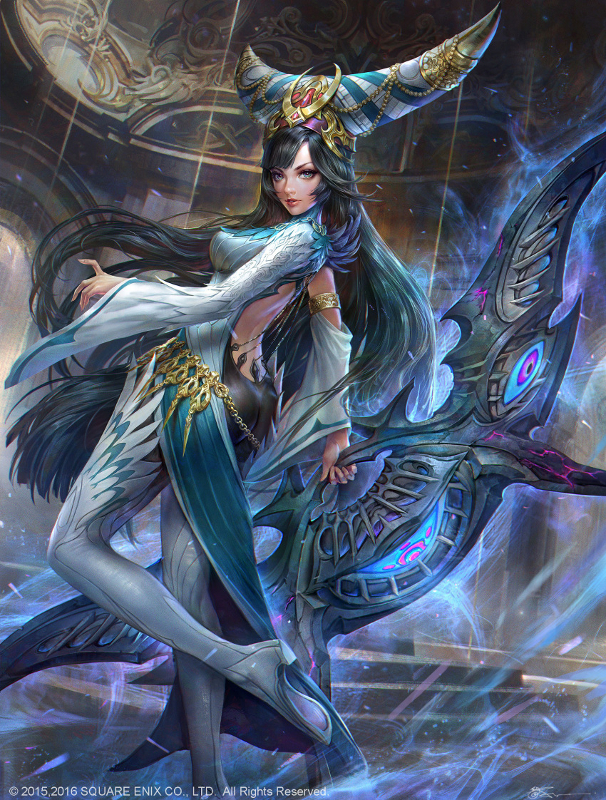 1girl armlet ass asymmetrical_gloves backless_outfit black_hair blue_eyes boots chain detached_sleeves energy from_side high_heels highres holding holding_weapon huge_weapon jeremy_chong large_hat long_hair long_sleeves looking_at_viewer meir mobius_final_fantasy single_detached_sleeve thigh_boots weapon
