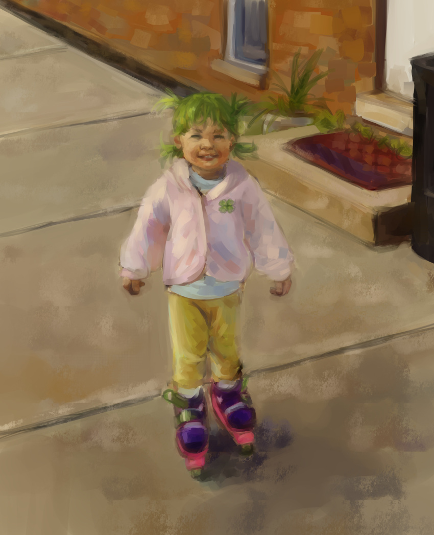1girl absurdres cappucosmic child commentary english_commentary full_body green_hair highres inline_skates jacket koiwai_yotsuba long_sleeves looking_at_viewer outdoors painterly pants pink_jacket quad_tails roller_skates short_hair skates smile solo standing yellow_pants yotsubato!