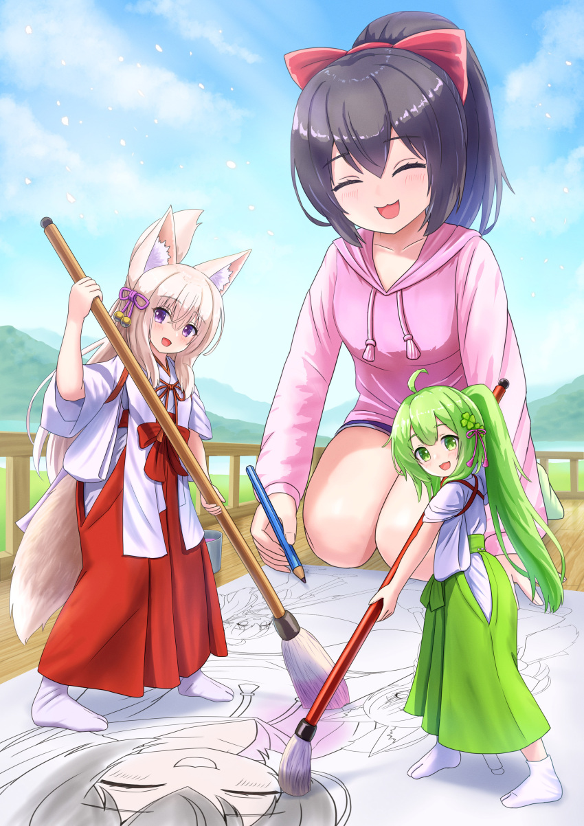 3girls :d ^_^ absurdres animal_ear_fluff animal_ears black_hair blue_sky blush bow bucket character_request closed_eyes clouds cloudy_sky collaboration commentary_request day deru_deru folded_ponytail fox_ears fox_girl fox_tail giant giantess green_eyes green_hair green_hakama hair_between_eyes hair_bow hakama hakama_skirt highres holding holding_paintbrush holding_pencil hood hood_down hoodie iroha_(iroha_matsurika) japanese_clothes kimono koyoi_(iroha_(iroha_matsurika)) light_brown_hair long_sleeves looking_at_viewer miko multiple_girls original outdoors paint paintbrush pencil pink_hoodie ponytail puffy_long_sleeves puffy_sleeves railing red_bow red_hakama short_sleeves skirt sky smile tail tasuki violet_eyes white_kimono yoko_jzz30