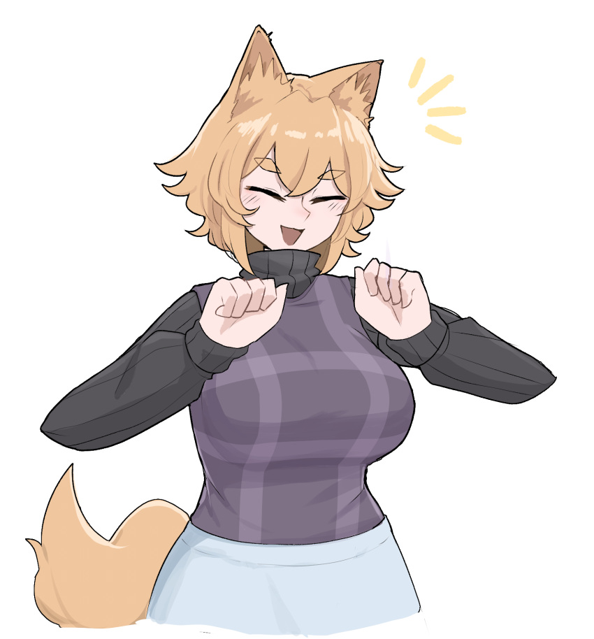 1girl animal_ears blonde_hair blush breasts closed_eyes hair_between_eyes hands_up highres large_breasts mata_(matasoup) open_mouth short_hair simple_background skirt smile solo sweater tail turtleneck urotsuki wolf_ears wolf_girl wolf_tail yume_2kki