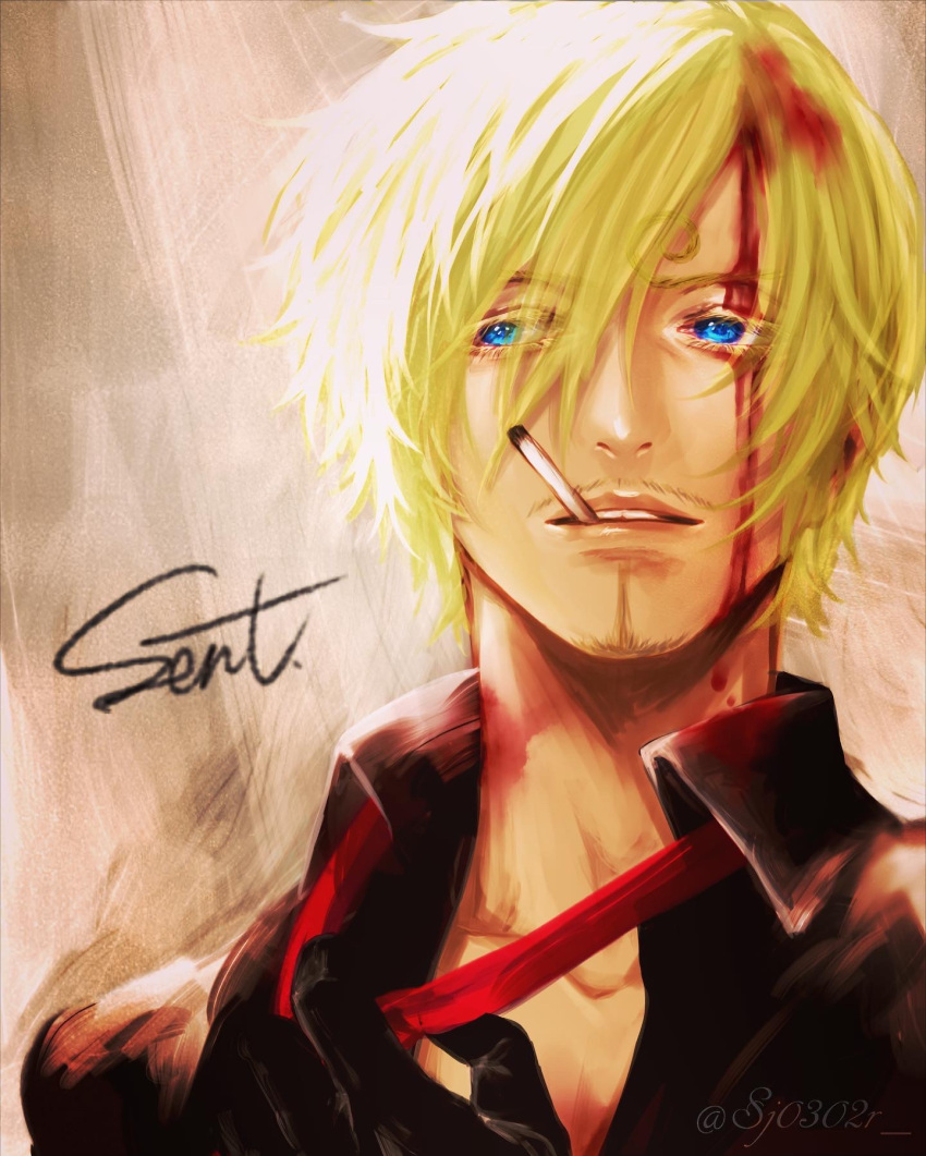 1boy black_gloves blonde_hair blood blood_in_hair blood_on_face blue_eyes cigarette commentary_request eyes_visible_through_hair facial_hair formal gloves goatee highres male_focus necktie one_piece open_mouth red_necktie sanji_(one_piece) short_hair signature sj0302 solo suit teeth