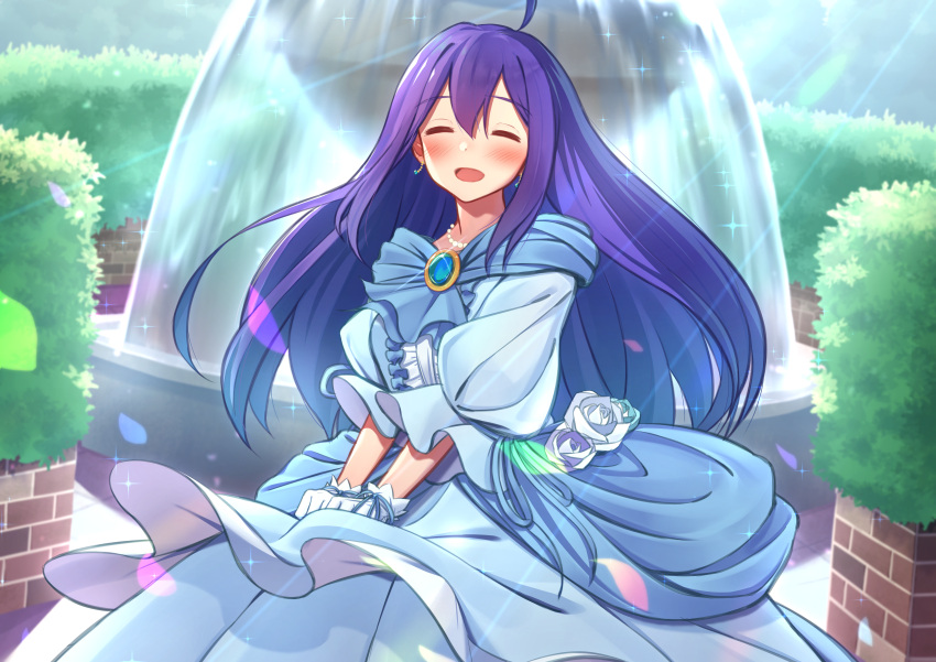 1girl absurdres ahoge blue_brooch blue_dress blush breasts brick bush closed_eyes dot_nose dress falling_petals floating_hair flower fountain gloves hair_between_eyes highres idolmaster idolmaster_million_live! idolmaster_million_live!_theater_days jewelry kuro_kinkan long_hair long_sleeves mochizuki_anna necklace open_mouth outdoors pearl_necklace petals purple_hair rose small_breasts smile solo sparkle sunlight white_flower white_gloves white_rose