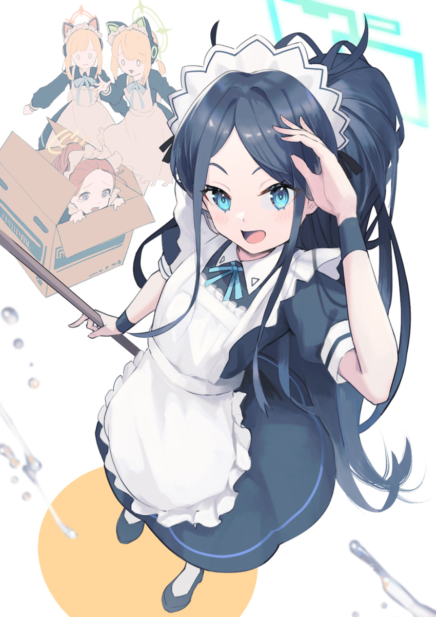 4girls :d animal_ear_headphones animal_ears apron aris_(blue_archive) aris_(maid)_(blue_archive) arm_up black_dress black_footwear black_hair blonde_hair blue_archive blue_dress blue_eyes blue_ribbon blush bow box cardboard_box closed_mouth dress fake_animal_ears forehead frilled_apron frills from_above full_body halo hand_up headphones highres holding in_box in_container long_hair looking_at_viewer maid maid_apron maid_headdress midori_(blue_archive) midori_(maid)_(blue_archive) momoi_(blue_archive) momoi_(maid)_(blue_archive) multiple_girls neck_ribbon official_alternate_costume open_mouth orange_hair pantyhose parted_bangs ponytail puffy_short_sleeves puffy_sleeves rafrog redhead ribbon shoes short_sleeves siblings sidelocks simple_background sisters smile solo_focus standing twins very_long_hair white_apron white_background wrist_cuffs wristband yuzu_(blue_archive) yuzu_(maid)_(blue_archive)