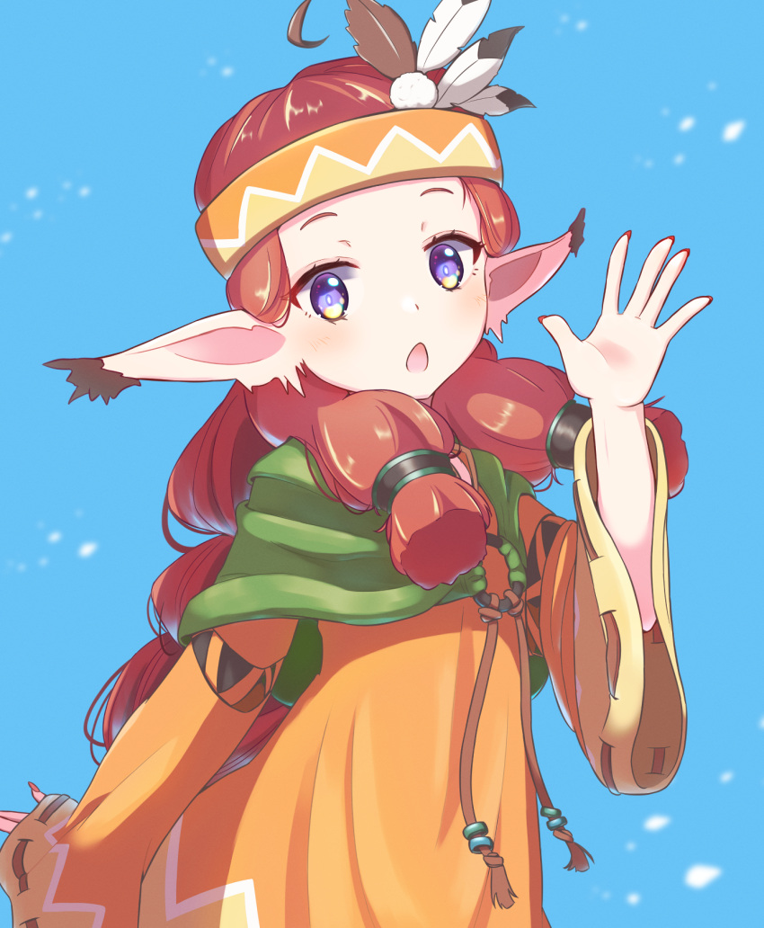 1girl arm_at_side blue_background cape chiko_(puyopuyo) eyelashes green_cape headdress highres jazz_grace long_hair long_sleeves looking_at_viewer nail_polish native_american_headdress o-ring open_mouth orange_robe pointy_ears puyopuyo red_nails redhead robe simple_background solo violet_eyes waving wide_sleeves
