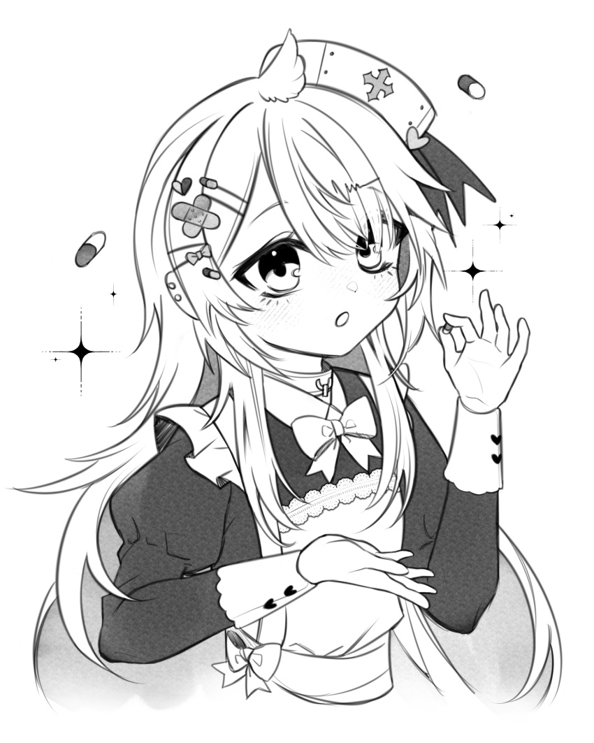 1girl :o apron bandaid_hair_ornament bow bowtie commission dress earrings greyscale hair_bow hair_ornament hat hat_ornament heart heart_hair_ornament heart_hat_ornament highres holding_pill hopetokki indie_virtual_youtuber inis_(vtuber) jewelry maid monochrome pill pill_hair_ornament puffy_sleeves sketch solo sparkle upper_body vgen_commission