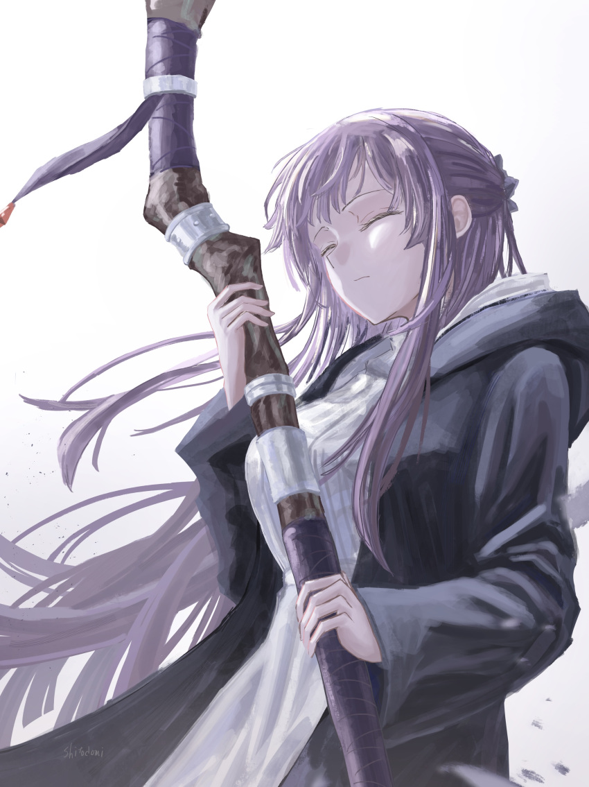 1girl absurdres black_robe breasts closed_eyes closed_mouth dress fern_(sousou_no_frieren) highres holding holding_staff hood large_breasts long_hair long_sleeves mage_staff purple_hair robe shitodo_mi simple_background solo sousou_no_frieren staff upper_body white_background white_dress