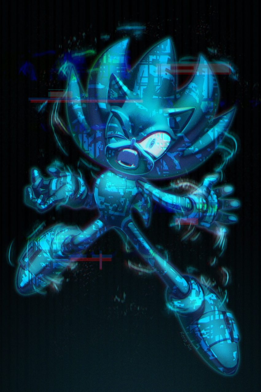 1boy absurdres animal_ears animal_nose black_background black_footwear blue_eyes commentary english_commentary fangs furry furry_male glitch gloves glowing glowing_eyes hedgehog hedgehog_ears highres one_eye_closed open_mouth rero_(rero_nn) shoes simple_background sneakers snout socks solo sonic_(series) sonic_frontiers sonic_frontiers_the_final_horizon sonic_the_hedgehog spoilers super_sonic teeth