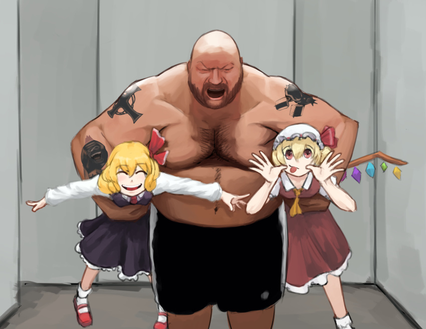 1boy 2girls :p arm_tattoo ascot bald beard black_dress black_shorts blonde_hair chest_hair dress facial_hair fat flandre_scarlet hat highres kyriakos_kapakoulakis lifting_person meeshammybr mob_cap multiple_girls necktie real_life red_dress red_eyes red_footwear red_necktie red_ribbon ribbon rumia shirt shorts side_ponytail tattoo tongue tongue_out topless_male touhou white_shirt yellow_ascot