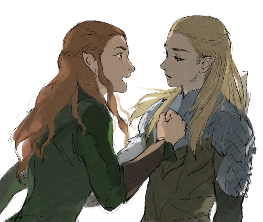 1boy 1girl aizheajsee arm_guards armor blonde_hair braid brown_hair character_request check_character check_copyright clenched_hand copyright_request elf eye_contact fighting french_braid from_side hair_pulled_back half_updo highres legolas looking_at_another open_mouth pointy_ears profile simple_background tauriel tears the_hobbit tolkien's_legendarium upper_body white_background