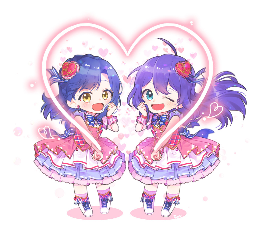 2girls absurdres ahoge aqua_eyes bare_shoulders blue_bow blue_bowtie blue_hair blush bow bowtie braid breasts chibi clenched_hand dot_nose dress dress_bow earrings full_body glint hair_between_eyes hair_ornament hand_up heart heart_earrings heart_hair_ornament highres idolmaster idolmaster_million_live! idolmaster_million_live!_theater_days index_finger_raised jewelry layered_dress long_hair looking_at_viewer lunim_(roo_0_0) medium_breasts mochizuki_anna multiple_girls nanao_yuriko one_eye_closed open_mouth pink_dress pink_scrunchie pink_socks plaid plaid_dress purple_hair scrunchie shoes short_hair signature sleeveless sleeveless_dress small_breasts smile socks standing striped striped_bow striped_bowtie white_background white_footwear wrist_scrunchie yellow_eyes