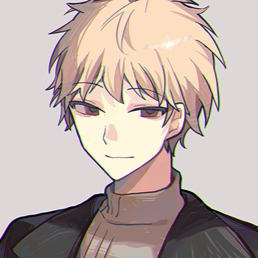 1boy atou_haruki black_jacket blonde_hair brown_eyes brown_sweater chinese_commentary chromatic_aberration closed_mouth commentary_request grey_background highres jacket linguihong01278 male_focus open_clothes open_jacket portrait saibou_shinkyoku short_hair simple_background smile solo sweater turtleneck turtleneck_sweater