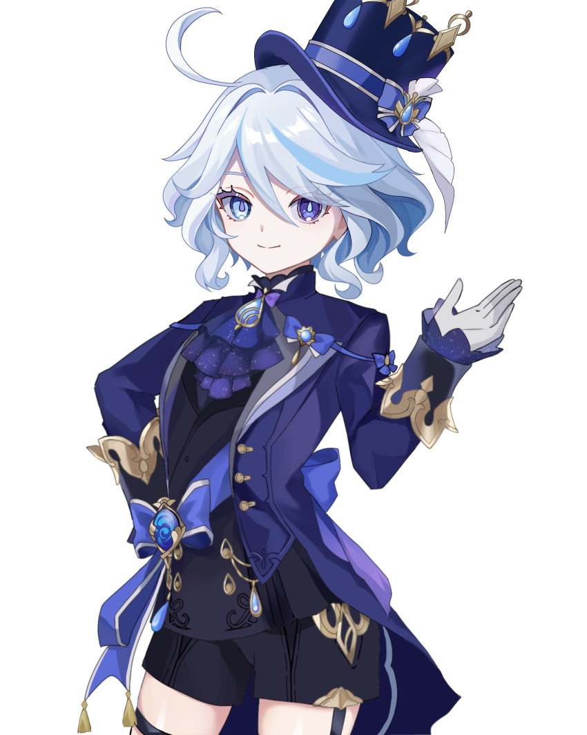 1girl absurdres ahoge ascot black_gloves black_shorts blue_ascot blue_brooch blue_hair closed_mouth furina_(genshin_impact) genshin_impact gloves hair_between_eyes hat heterochromia highres light_blue_hair long_hair looking_at_viewer open_mouth shorts sidelocks simple_background smile solo top_hat uuu_ewokaku white_background white_gloves