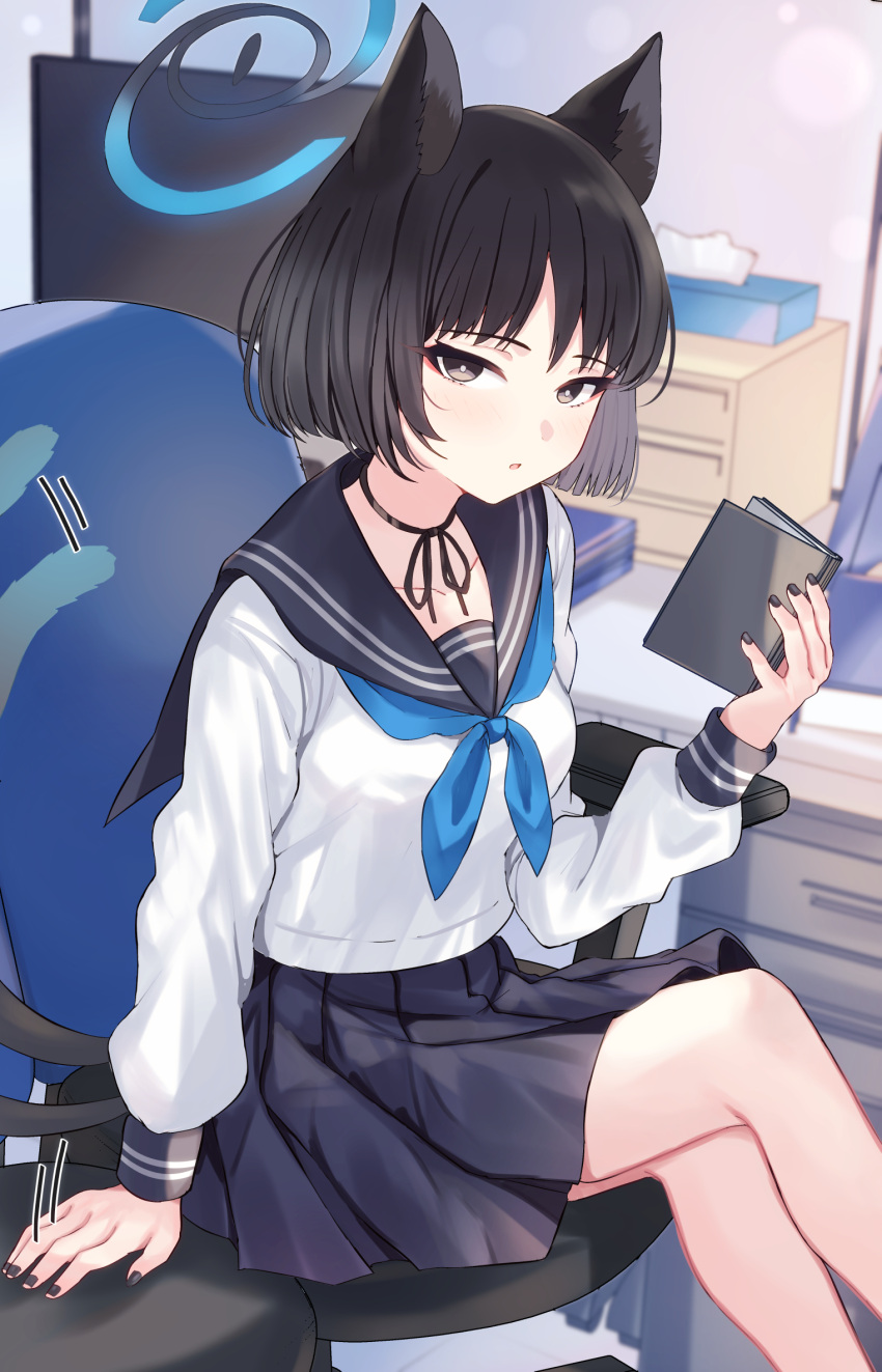 1girl animal_ears black_eyes black_hair black_nails black_sailor_collar black_skirt blue_archive blue_halo blue_neckerchief book cat_ears cat_tail chair fingernails halo highres holding holding_book indoors kikyou_(blue_archive) long_sleeves looking_at_viewer mi_taro333 monitor multiple_tails nail_polish neckerchief parted_lips pleated_skirt sailor_collar short_hair sitting skirt solo tail tissue tissue_box two_tails