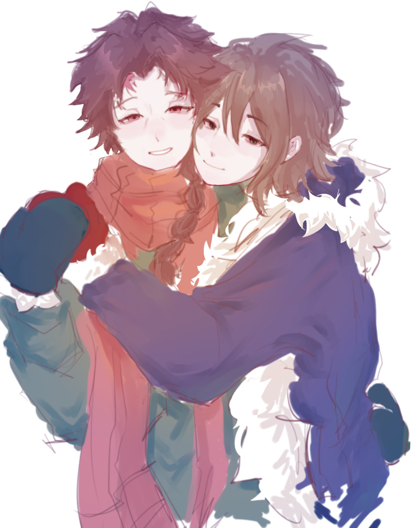 2boys blue_jacket blue_mittens braid brown_hair chinese_commentary closed_mouth commentary_request fur-trimmed_jacket fur_trim fuyou_yan green_eyes green_sweater harada_minoru highres hug isoi_reiji jacket long_sleeves male_focus mittens multiple_boys red_eyes red_mittens red_scarf saibou_shinkyoku scar scar_on_face scarf side_braid simple_background sketch smile sweater white_background