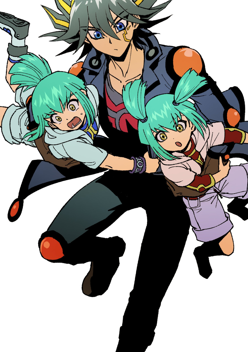 1girl 2boys :o absurdres black_hair blue_eyes blue_footwear blue_jacket blue_pants blue_shirt blue_shorts boots brother_and_sister brown_footwear brown_gloves carrying carrying_person carrying_under_arm child clothes_grab collarbone elbow_pads facial_mark facial_tattoo fudou_yuusei gloves green_hair hand_on_another's_arm hand_on_another's_waist high_ponytail highres hood hood_down hooded_jacket jacket knee_pads layered_sleeves long_sleeves lua_(yu-gi-oh!) luca_(yu-gi-oh!) marking_on_cheek multicolored_hair multiple_boys open_clothes open_jacket open_mouth pants pink_jacket ponytail purple_shorts red_shirt running shirt shoes short_hair short_ponytail short_sleeves short_twintails shorts shoulder_pads shouting siblings sidelocks simple_background spiky_hair streaked_hair sweatdrop tattoo twins twintails white_background wristband yellow_eyes youko-shima yu-gi-oh! yu-gi-oh!_5d's