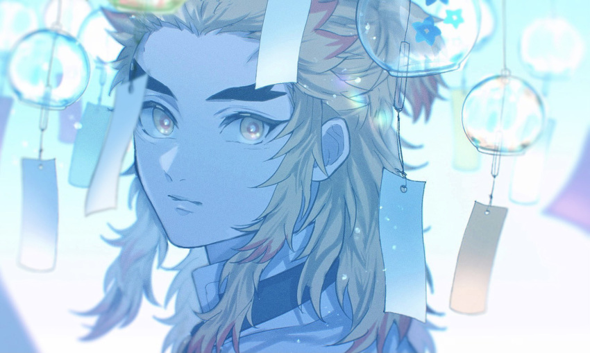 1boy amata_(pixiv25705097) blonde_hair blue_theme blurry colored_tips day demon_slayer_uniform depth_of_field forked_eyebrows from_side half_updo highres kimetsu_no_yaiba light_particles looking_at_viewer looking_to_the_side male_focus medium_hair multicolored_eyes multicolored_hair portrait red_eyes redhead rengoku_kyoujurou sidelocks solo streaked_hair white_background wind_chime yellow_eyes