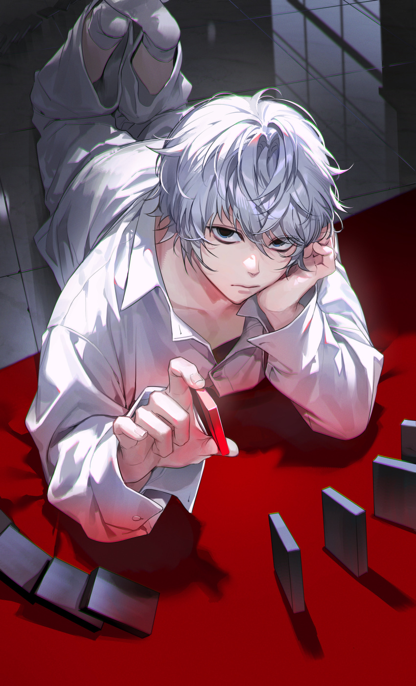 1boy absurdres bags_under_eyes black_eyes blue_eyes carpet closed_mouth collared_shirt death_note dominoes feet_out_of_frame feet_up from_above frown hair_between_eyes hand_on_own_cheek hand_on_own_face hands_up head_rest highres holding holding_toy long_sleeves looking_to_the_side lying male_focus msal_peace near_(death_note) no_shoes on_floor on_stomach pants reflective_floor shirt short_hair socks soles solo tile_floor tiles toy white_hair white_pants white_shirt white_socks