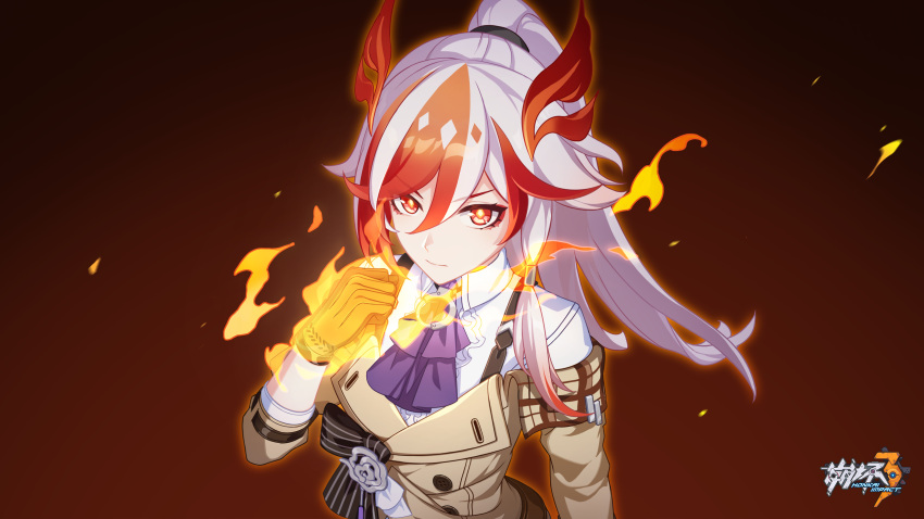 1girl ascot brown_gloves chinese_commentary clenched_hand closed_mouth fire fu_hua fu_hua_(garuda) fu_hua_(hawk_of_the_fog) fu_hua_(valkyrie_accipiter) gloves hair_between_eyes high_ponytail highres honkai_(series) honkai_impact_3rd logo long_hair multicolored_hair official_alternate_costume official_art official_wallpaper purple_ascot red_background red_eyeliner simple_background solo spoilers streaked_hair upper_body white_hair