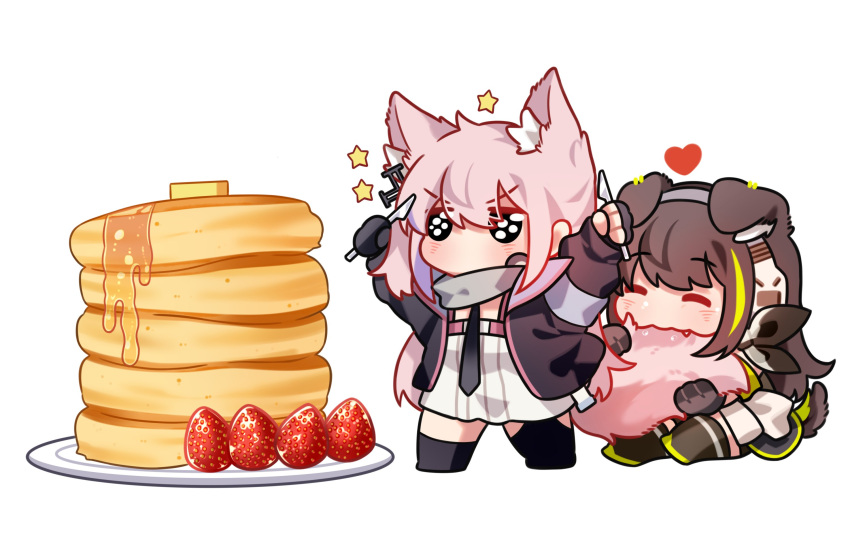 2girls animal_ear_fluff animal_ears arms_up biting black_gloves black_jacket black_necktie black_thighhighs blush brown_hair butter chibi closed_eyes dog_ears dog_girl dog_tail dress dual_wielding extra_ears fang fang_out fingerless_gloves floppy_ears food fruit girls_frontline gloves hair_ornament heart highres holding holding_knife jacket kemonomimi_mode knife long_hair long_sleeves m4a1_(girls'_frontline) multicolored_hair multiple_girls necktie no_mouth open_clothes open_jacket pancake pancake_stack pink_hair simple_background single_fingerless_glove sitting st_ar-15_(girls'_frontline) standing star_(symbol) strawberry streaked_hair syrup tail tail_biting thigh-highs v-shaped_eyebrows white_background white_dress wolf_ears wolf_girl wolf_tail yuutama2804