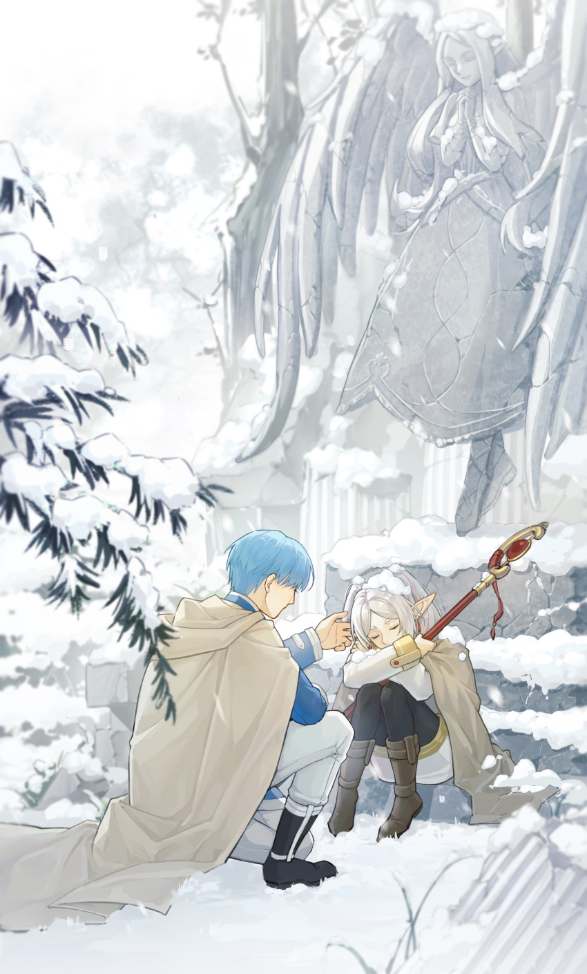 1boy 1girl absurdres angel_statue black_footwear black_pantyhose blue_hair blue_shirt boots branch brown_footwear closed_eyes day earrings elf frieren grey_cloak hair_over_shoulder hand_up head_tilt highres himmel_(sousou_no_frieren) holding holding_staff jewelry knee_boots knees_up long_hair long_sleeves miniskirt on_one_knee outdoors pants pantyhose pillar pointy_ears reaching ruins shirt short_hair sitting skirt sleeping sleeping_upright snow sousou_no_frieren staff stairs statue twintails white_pants white_skirt winter xiaojiaguoguowang