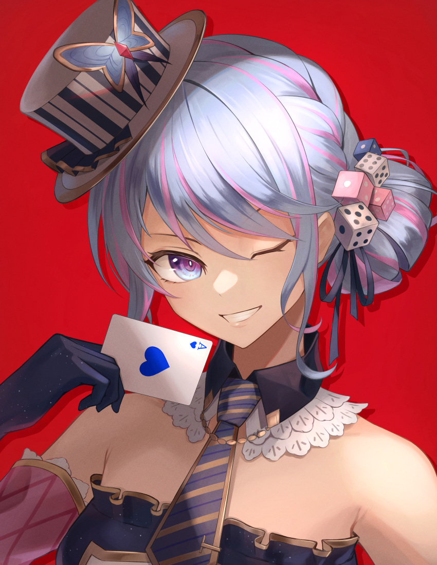 1girl absurdres ace_(playing_card) ace_of_hearts bare_shoulders black_dress black_gloves black_ribbon blue_hair butterfly_hat_ornament card detached_collar dice_hair_ornament dollive dress frilled_dress frills gloves hair_bun hair_ornament hair_ribbon hand_up hat hat_ornament heart highres holding holding_card maca_petty multicolored_hair necktie one_eye_closed open_mouth pink_hair playing_card purple_necktie red_background ribbon simple_background smile solo strapless strapless_dress streaked_hair swept_bangs tatty tilted_headwear top_hat upper_body violet_eyes virtual_youtuber white_headwear