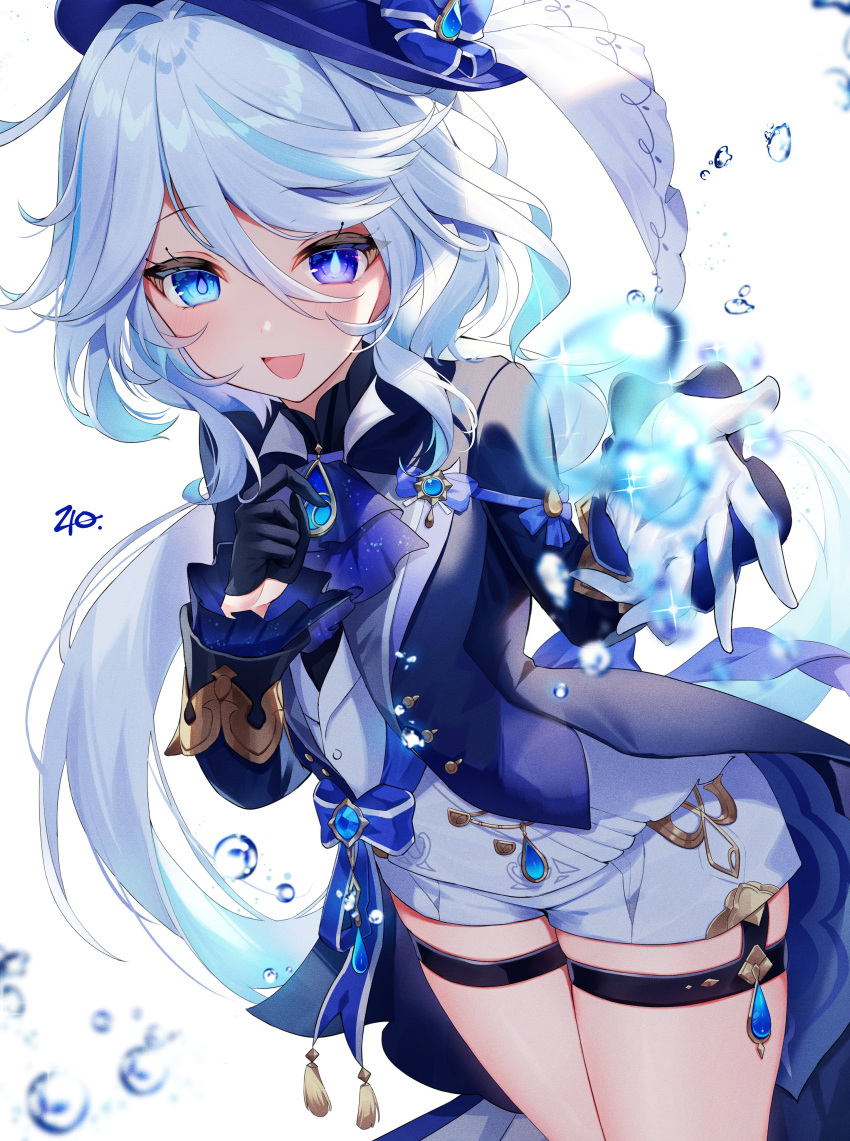 1girl 40_(0f0urw) :d absurdres ahoge air_bubble ascot black_gloves blue_ascot blue_brooch blue_hair blue_jacket bubble cowboy_shot furina_(genshin_impact) genshin_impact gloves hair_between_eyes hat heterochromia highres jacket light_blue_hair long_hair looking_at_viewer multicolored_hair shorts sidelocks simple_background smile solo standing streaked_hair top_hat two-tone_hair water white_background white_gloves white_shorts