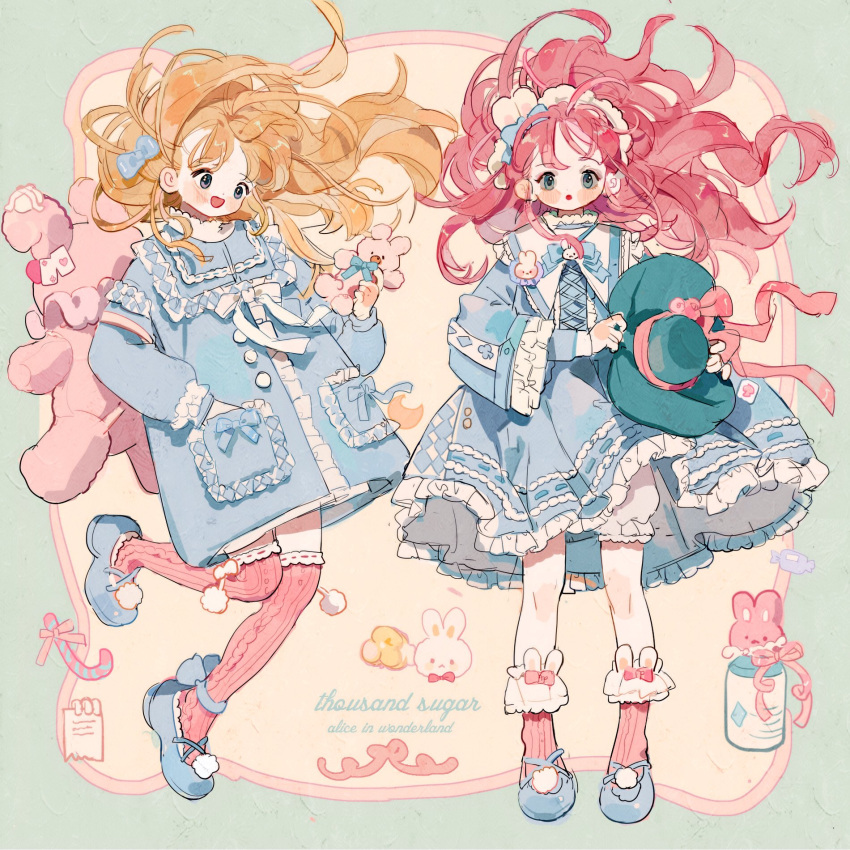 2girls :o animal_bag ankle_cuffs ankle_socks aqua_headwear baby_bottle backpack bag blonde_hair bloomers blue_bow blue_bowtie blue_coat blue_dress blue_eyes blue_footwear blush_stickers bottle bow bow_legwear bowtie buttons candy candy_cane center_frills clothes_lift coat coat_bow collar commentary commission cross-laced_clothes cross-laced_dress cross-laced_footwear dress dress_lift english_commentary english_text eyeshadow floating_hair food frilled_collar frilled_dress frilled_footwear frilled_sleeves frills full_body green_background hair_bow hair_ornament hand_in_pocket hat hat_bow high_collar highres holding holding_clothes holding_hat layered_sleeves leg_up lolita_fashion long_hair long_sleeves looking_at_object looking_at_viewer makeup mary_janes multiple_girls open_mouth original pink_bag pink_bow pink_eyeshadow pink_hair pink_socks pink_thighhighs pocket pom_pom_(clothes) putong_xiao_gou rabbit_hair_ornament ribbon-trimmed_coat ribbon_trim shoes short_dress smile socks straight-on stuffed_animal stuffed_rabbit stuffed_toy sun_hat thigh-highs two-tone_background white_bloomers white_collar white_headdress wide_sleeves yellow_background