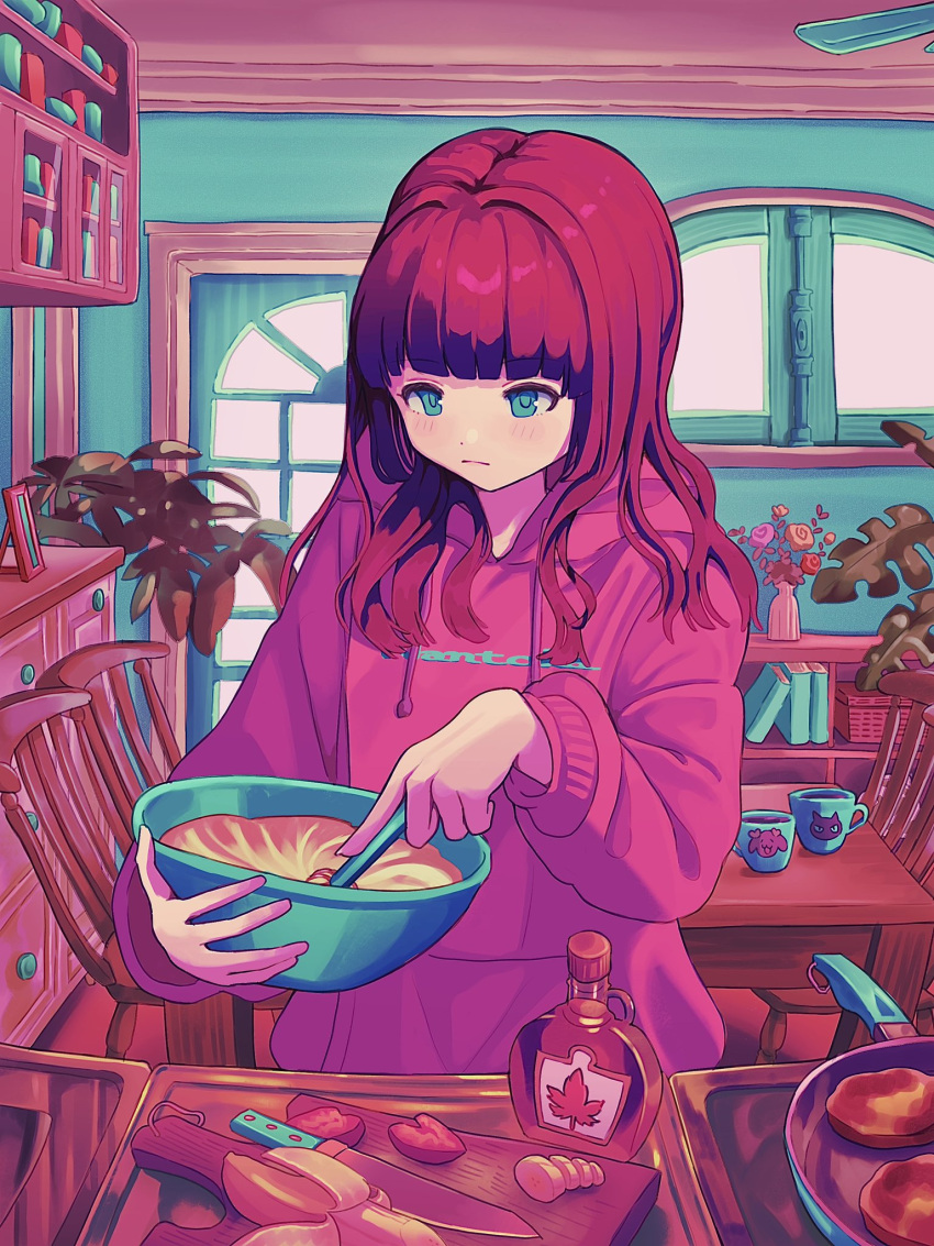 1girl banana batter blunt_bangs book bookshelf bottle bowl chair closed_mouth commentary cooking cup cutting_board day door drawstring food fruit frying_pan green_eyes highres holding holding_bowl holding_whisk hood hood_down hoodie indoors kagenoyuhi kitchen_knife light_blush long_hair long_sleeves maple_syrup mixing_bowl mug original pancake pink_hoodie plant redhead solo standing strawberry symbol-only_commentary table upper_body whisk window