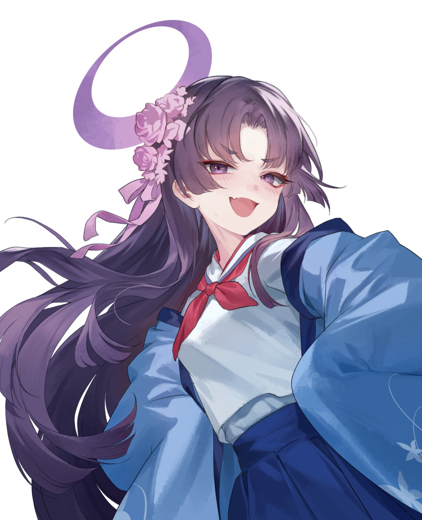 1girl blue_archive blue_skirt blush commentary eyeshadow fang flower hair_flower hair_ornament halo haori highres japanese_clothes long_hair looking_at_viewer makeup neckerchief open_mouth pink_flower pleated_skirt purple_hair purple_halo red_eyeshadow red_neckerchief reeh_(yukuri130) school_uniform serafuku simple_background skin_fang skirt solo violet_eyes white_background yukari_(blue_archive)
