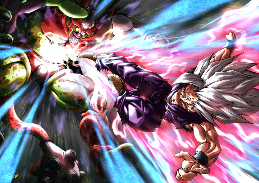 2boys absurdres angry attack brown_footwear cell_max clenched_teeth commentary commentary_request dragon_ball dragon_ball_super dragon_ball_super_super_hero gohan_beast highres kicking multiple_boys muscular muscular_male open_mouth pectorals son_gohan spiky_hair stynl_f tail teeth white_hair