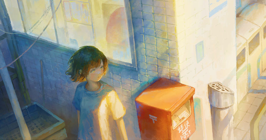 1girl black_hair brown_eyes fjsmu highres looking_ahead original outdoors parted_lips postbox_(outgoing_mail) power_lines shirt short_hair short_sleeves solo trash_can upper_body white_shirt window